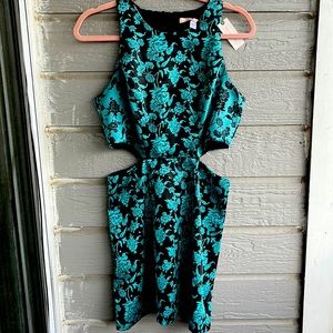 High Neck Cutout Mini Dress, Black and Blue Floral